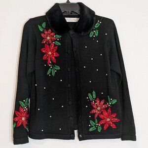 VICTORIA JONES Black Christmas Button Cardigan Sweater; Fur Collar; Size PS